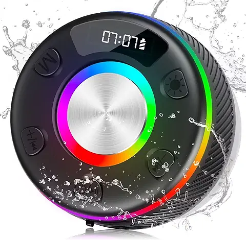 BESNOOW Altavoz Bluetooth 5.3, IP67 Impermeable Altavoz Portatil con Luz Colorida RGB, Micrófono Incorporado, Sonido Estéreo de 360°, 7 Horas de Reproducción, Adecuado para Baño, Exterior(Negro)  