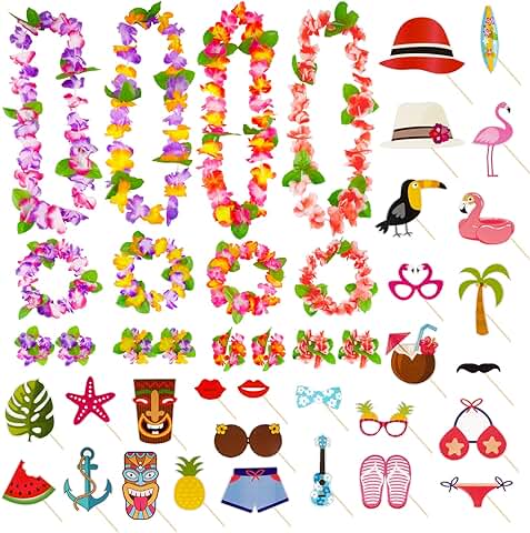 BETESSIN Accesorios Photocall Hawaiano Kit, 27pcs Photocall Playa Photo Booth Hawaiano Accesorios Fotocall Verano+4pcs Guirnaldas Photocall Hawaianas Collar para Decoración Fiesta Playa DIY  