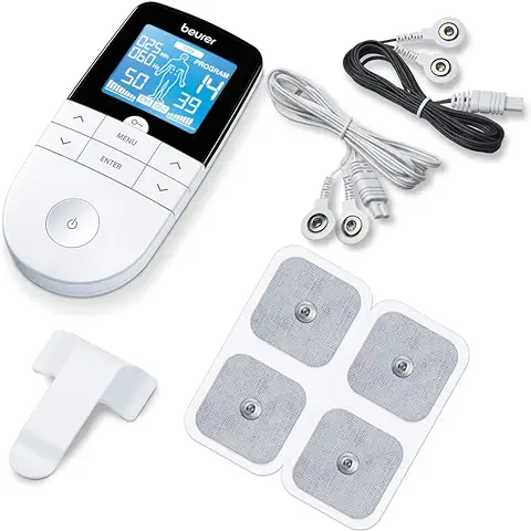 Beurer EM 49 TENS/EMS Digital, Dispositivo de Corriente de Estimulación 3 en 1 para el Alivio del Dolor y Entrenamiento, Función de Masaje, Incluye 4 Electrodos, Color Blanco  