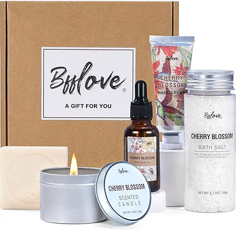 BFFLOVE Regalos para Mujer, Set de Baño y Ducha a Cerezo, Caja de Regalo de Cumpleaños, Set de Spa Incluye Sales de Baño, Vela Perfumada, Aceite de Masaje, Crema de Manos, Jabón  