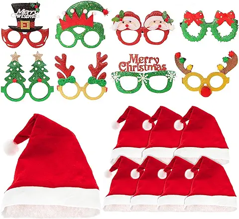 BHGT 8 Gafas Divertidas Navidad 8 Gorros Navideño Papá Noel Sombreros Navideños Fotocol Navidad Disfraz Regalo Accesorios Navideño Decoración Adultos Niños  