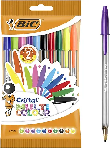 BIC Cristal Bolígrafos de Colores, Multicolor, Punta Ancha (1,6mm), Material Oficina, Blíster de 10 Bolis  