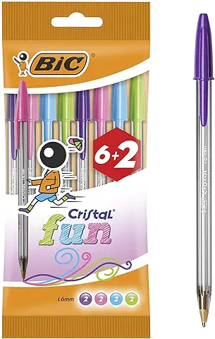 Bic Cristal Bolígrafos de Colores Surtidos, Fun, Punta Ancha (1,6 mm), Material Oficina, Blíster de 8 Bolis, Multicolor  