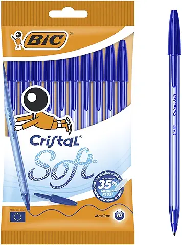 BIC Cristal Bolígrafos, Soft, Azul, Óptimo para Material Escolar,Punta Media (1,2mm), Material Oficina y Papelaria, Blíster de 10 Bolis  