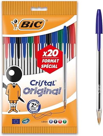 BIC Cristal Original Bolígrafos Punta Media (1,0 mm) – Colores Surtidos, Blíster de 20 Unidades, para Escritura Suave, Certificados con Etiqueta Ecológica  