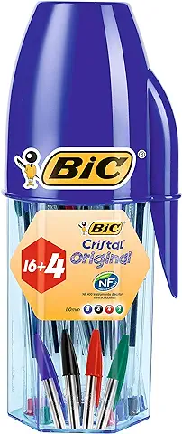 BIC Cristal Original Bolígrafos Punta Media (1,0mm) Colores Surtidos, Material Oficina y Escolar, Tubo de 20 Unidades (16+4 Gratis)  