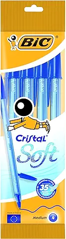 BIC Cristal Soft - Bolígrafos de Punta Media (1.2 mm), Blíster de 4 Unidades, Color Azul, para Escritura Suave  