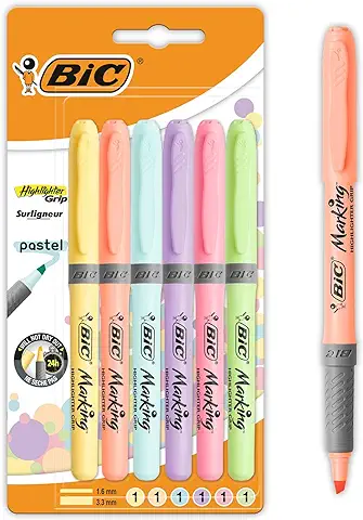 BIC Highlighter Grip Pastel Marcadores de Punta Biselada Regulable - Colores Surtidos, Pack de 6 Subrayadores Pastel, Óptimo para Material Escolar y de Oficina  