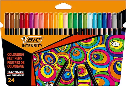 BIC Intensity, Rotuladores de Punta Fina (0.9 mm) para Colorear, No se Secan, Colores Surtidos, Pack de 24 Unidades  