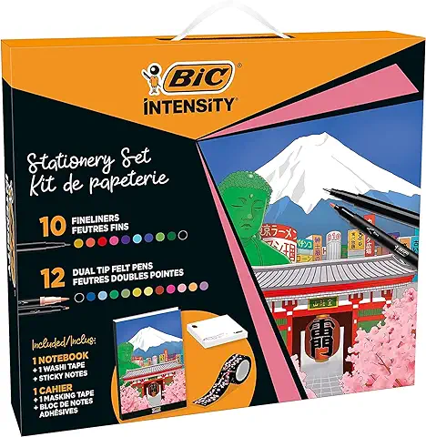 BIC Intensity Set de Creatividad con Inspiración Japonesa: 22 Rotuladores de Colores, Cuaderno y Decoraciones para Bullet Journals y Proyectos Creativos Especiales, Idea Regalo para Adultos y Niños  