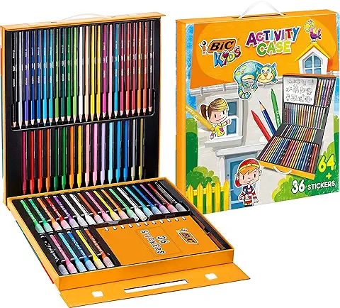 BIC Kids Activity Case: Maletín Creativo de 100 Piezas, Lápices, Rotuladores y Ceras de Colores, Regala Diversión Ilimitada a los Niños con Colores Vibrantes, 36 Stickers, Borra Errores Mágicamente  