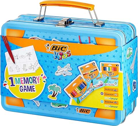 BIC Kids Memory Game Estuche de Viaje: Juego Creativo 32 Piezas para Niños, Lápices, Ceras y Rotuladores de Colores, Regala Diversión y Educación en una Divertida Caja Metálica  