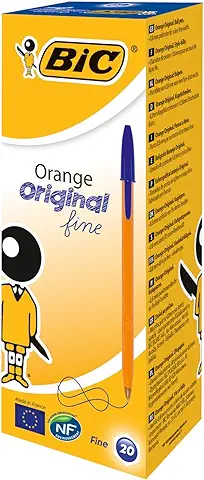 BIC Orange Bolígrafos, Azul, Óptimo para Material Escolar y de Oficina,Original Fine, Punta Fina (0,8mm), Trazo Fino y Preciso, Caja de 20 Bolis  