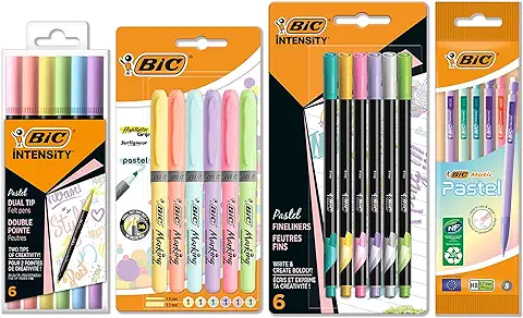 BIC Pastel Set de Escritorio con Rotuladores, Portaminas, Subrayadores y Rotuladores de Punta Fina - Tinta y Cuerpo de Colores Pastel Surtidos, Pack De 23  