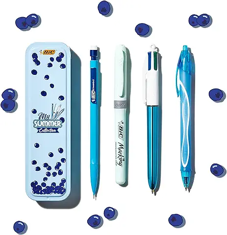 BIC Summer Blue Box: Bolígrafo de gel (0,7 mm), Portaminas, Bolígrafo de 4 Colores (1,00 mm), Subrayador, Azul, Juego de 4 Unidades  