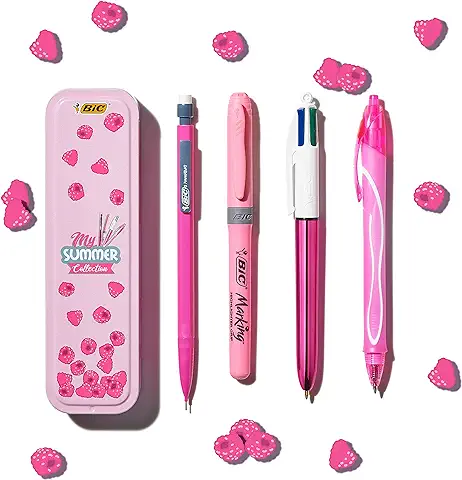 BIC Summer Pink Box: Boli de Gel de Punta Media (0,7.mm), Portaminas, BIC 4.Colores (1,00.mm), Marcador - Rosa, 4 Unidad ( Paquete de 1)  