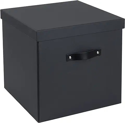 Bigso Box of Sweden Caja de Almacenaje con tapa y asa – Organizador de Armarios Plegable para Ropa, Juguetes, etc. – Caja Cuadrada Grande de Tablero de Fibras y Papel con Aspecto de lino – Negro  