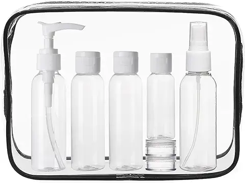 Bikasun Botellas de Viaje Juego de Viaje Neceser Transparente con 7 Botellas Botes de Viaje Avion 100ml Botes para Viaje Vacios Bolsa de Vuelo para Líquidos Kit Viaje Avion para Champu Cosmetica Negro  