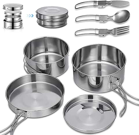 BILIPLE Utensilios Cocina,7PCS Kit de Camping Acero Inoxidable, Juego para Acampar Excursión Escalada Senderismo  