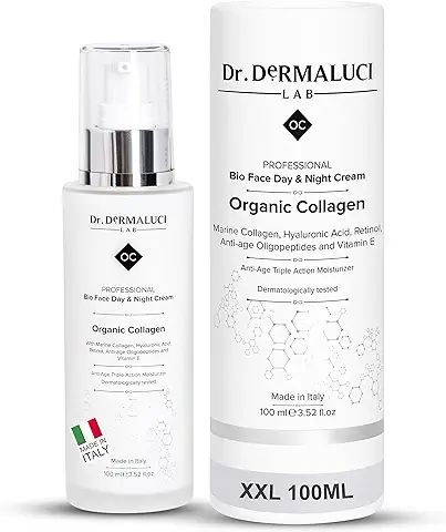 Bio Crema Facial Hidratante Colágeno Marino, Retinol, Ácido Hialurónico, Vitamina C+E, Oligopeptidos, Aloe Vera, Aceite Jojoba |Ecológico/Antiedad | Belleza Natural |Made in Italy  