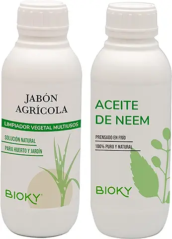 Bioky Jabón Potásico Agrícola y Aceite de Neem Para Plantas 2x1L - Controlador y Repelente Natural de Plagas - Mosquitos, Pulgón, Cochinilla, Mosca Blanca - Puro y muy Concentrado (1L)  