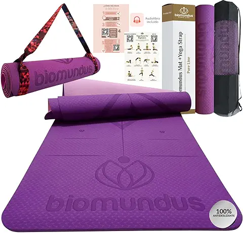 Biomundus Esterilla Yoga Mat Antideslizante Profesional Esterilla Deporte en Casa Colchoneta Gimnasia Mat Yoga Esterilla yoga con Sistema de Alineación Correa y Bolsa Esterilla Fitness  