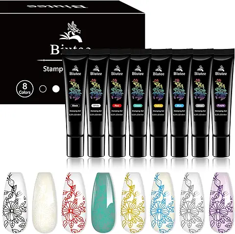 Biutee Esmaltes de Gel Estampado Uñas 8 Colores, Nail Art Stamping, Esmalte Stamping Profesional 8ml para Estampar, Eamalte de Gel de Uñas UV LED  