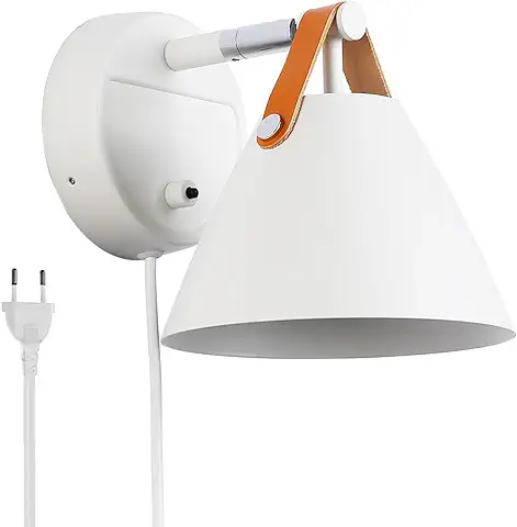 B·LED BARCELONA LED BarcelonaLED Aplique de Pared Con Cable e Interruptor Enchufe Nórdico Blanco Con Correa de Piel Casquillo GU10 para Dormitorio Cama Salón Mesita de Noche  