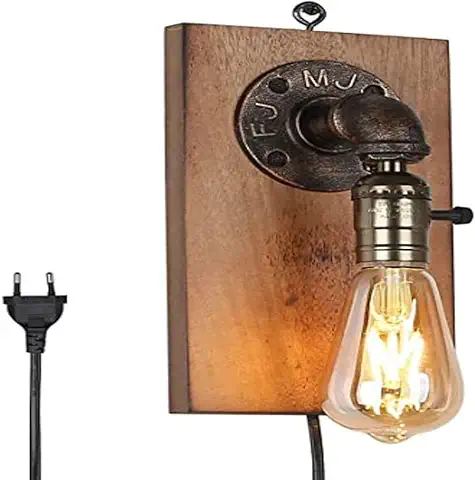 B·LED BARCELONA LED BarcelonaLED Aplique de Pared Vintage Industrial Madera Asa Colgante con Interruptor de Perilla y Cable Enchufe para Bombilla E27 Salón Dormitorio Cama  