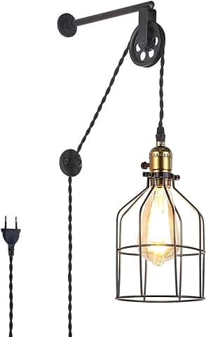 B·LED BARCELONA LED BarcelonaLED Lámpara Colgante de Polea Aplique Pared Estilo Industrial Vintage Altura Regulable con Jaula Negra y Interruptor para Bombilla E27 Dormotorio Salon bar  