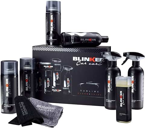 BLINKER Kit Limpieza Coche 10pcs - Productos para el Cuidado y Limpieza del Interior y Exterior del Vehículo - Incluye Limpia Llantas, Champú, Abrillantador de Interiores, Renovador de Neumáticos…  