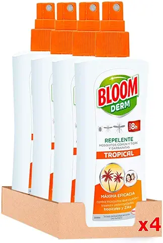 Bloom Derm Loción Tropical (4 x 100 ml), Loción Antimosquitos Contra Mosquitos (incluido el Mosquito Tigre) y Garrapatas, Repelente de Mosquitos Transmisores de Enfermedades Tropicales  