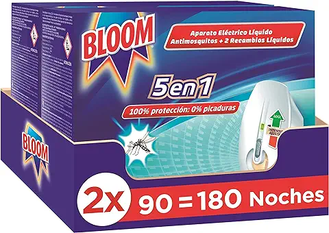Bloom Insecticida Eléctrico Líquido Doble Eficacia (2 aparatos + 4 recambios), insecticida eléctrico para mosquitos común y tigre, fórmula concentrada sin perfume