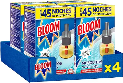 Bloom Líquido Recambio (pack de 4), Insecticida Eléctrico para Mosquitos Común y Tigre, Antimosquitos con Fórmula Concentrada sin Perfume  