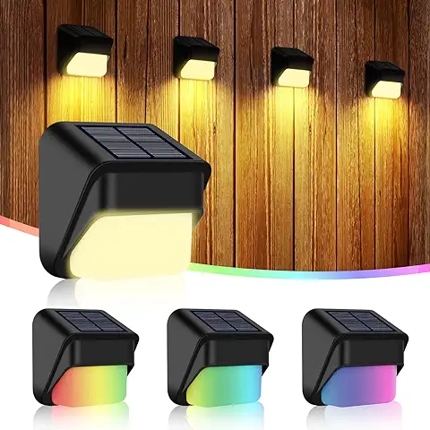 BLOOMWIN Apliques Exteriores Solares - Focos LED Exterior Solares Jardín Lámpara de Pared IP65 Impermeable Blanco Cálido y Cambio de Color RGB - Luz para Escaleras Cercas Escalón Terraza, 4 Paquete  