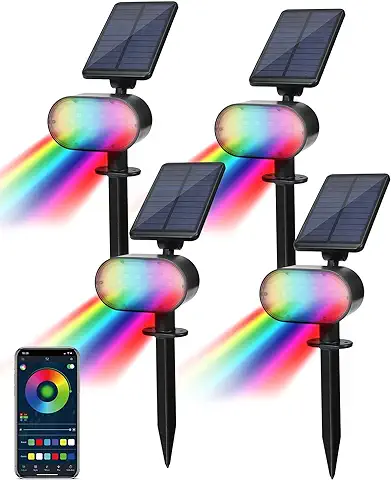 BLOOMWIN Focos LED Exterior Solares Jardín Colores - 4 Pack RGBW Cambio de Color Luz Solar Exterior Impermeable IP65 con Bluetooth APP Control, Lamparas de Césped Foco Proyector Múltiples Funciones  