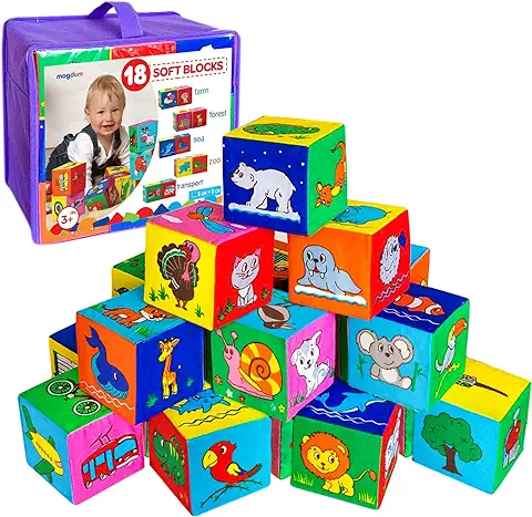 Bloques Blandos Bebe MAGDUM 18 Cubos Bebe Animales&Transporte - Juguetes Bebes 6-12 Meses Educativo - Juego de Bloques -Juego Bebe 6 Meses - Juguetes Desarrollo Bebe - Juego Bloques Cubos Blandos bebe  