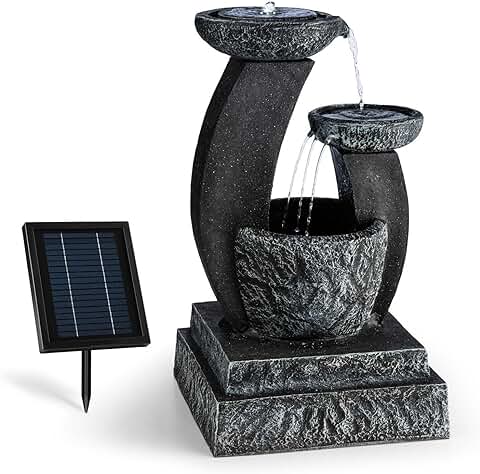 Blumfeldt Fantaghiro Fuente Ornamental de Jardín con Panel Solar (Efecto Piedra, Poliresina, Juego de Agua 3 Niveles, Diseño Mágico, Miniboma, Iluminacion LED, para Interior o Exterior)  