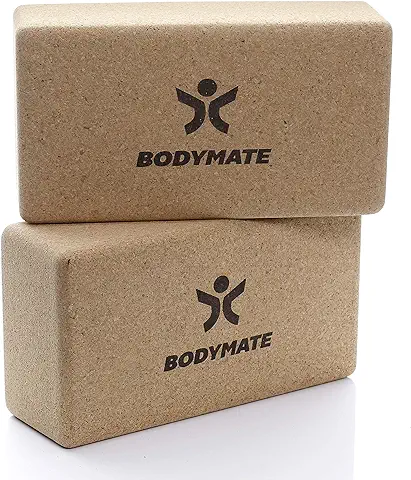 BODYMATE Bloques de Yoga de Corcho Natural 100% Ecológico, 2X Ladrillos de Yoga, Apoyo para Todas Las Asanas, Meditaciones y Ejercicios de Relajación, para Principiantes y Profesionales, 22x12x7,5cm  