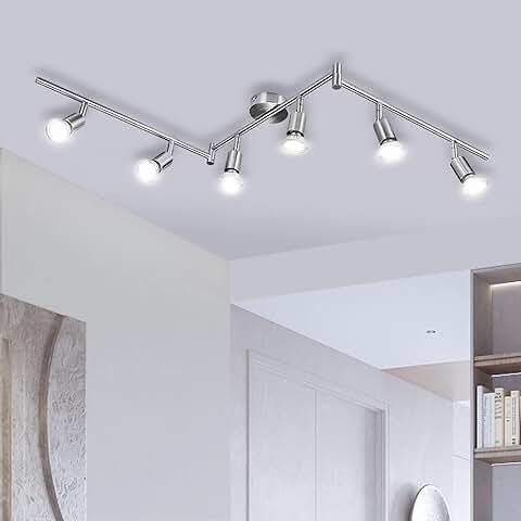 Bojim Lámparas de Techo LED 6 Focos Orientables, Luz de Techo con Barra Giratoria Incl. 6X Bombillas GU10 6W 220V 550lm 4000K Blanco Natural 82Ra Níquel Mate para Dormitorio Habitacion Salon Cocina  