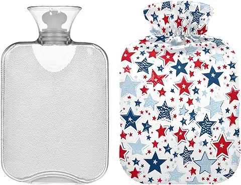 Bolsa de agua Caliente Grande de 1 Litro con Tapa, Diseño de Estrellas Rojas, Azules y Blancas, para Calentadores de Manos, Calambres Menstruales, Alivio del Dolor de Cuello y Hombros  