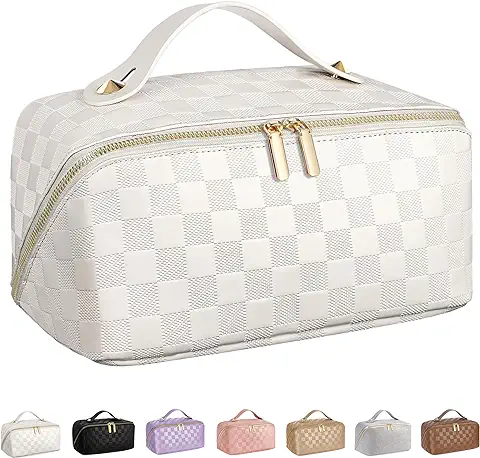 Bolsa de Cosméticos de Viaje de Gran Capacidad, Bolsas de Maquillaje Portátiles para Mujer, Impermeable, de Piel Sintética, a Cuadros, Organizador de Maquillaje con Separadores y asa, Bolsa de Aseo  