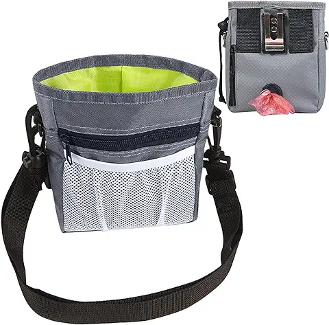 Bolsa de Entrenamiento para Perros, Bolsa Premios Perro con Ajustable Bandolera, Cinturón y Pinza de Cinturón, Práctica Bolsa para Chucherías de Perro Portátil con Dispensador de Bolsa Caca (Gris)  