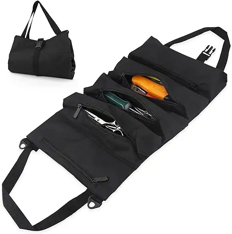 Bolsa Organizadora de Herramientas, Bolsa Porta Herramientas de Tejido Oxford 600D, Bolsa Enrollable con 5 Bolsillos con Cremallera Para Electricistas/Carpinteros/Fontaneros/Automóviles - Negro  