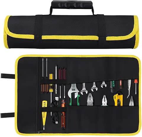 Bolsa Organizadora de Herramientas, Bolsa Porta Herramientas de Tejido Oxford 600D, Bolsa Enrollable con Bolsillo de Cremallera Para Electricistas/Carpinteros/Fontaneros/Automóviles - Negro  