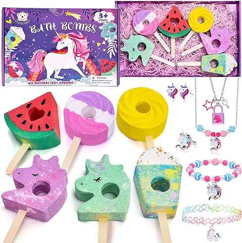 Bombas de Baño Niñas Unicornio Joyería Naturales Bombas de Baño Regalo Bombas de Baño Aromas de Frutas Bolas de Baño Espuma Relajantes con Sorpresa Regalo Cumpleaños Pascua Navidad para Mujeres Niños  