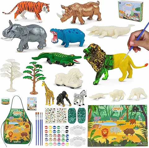 BONNYCO Animales de Juguete con 16 Figuras para Pintar Manualidades Niños con Brillo en la Oscuridad | Juguetes Niños 3 4 5 6 7 8 9 10 Años Regalos para Niños Cumpleaños, Navidad, Comunion  