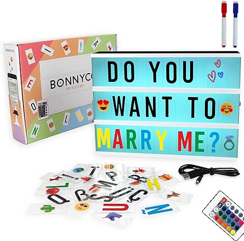 BONNYCO Caja de Luz A4 16 Colores con 400 Letras y Emojis, Mando, 2 Rotuladores Ñ y Ç | Cartel Luminoso LED, Ideal para Decoración y Regalo Original para Niñas, Niños en Cumpleaños, Navidad  