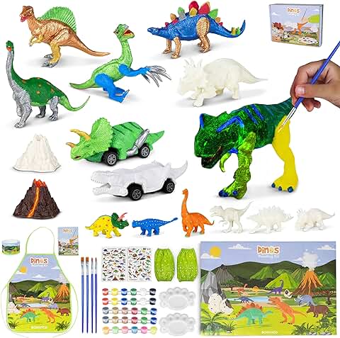 BONNYCO Dinosaurios Juguetes con 16 Figuras para Pintar Manualidades Niños con Brillo en la Oscuridad | Juguetes Niños 3 4 5 6 7 8 9 10 Años Regalos para Niños Cumpleaños, Navidad, Comunion  