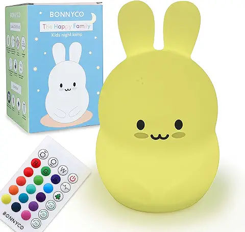 BONNYCO Luz Nocturna Infantil Conejito con Control Remoto y Táctil 16 Colores Lampara Infantil Bebe con Temporizador | Luz Quitamiedos Infantil Silicona 100% Segura, Regalos para Niñas Niños  